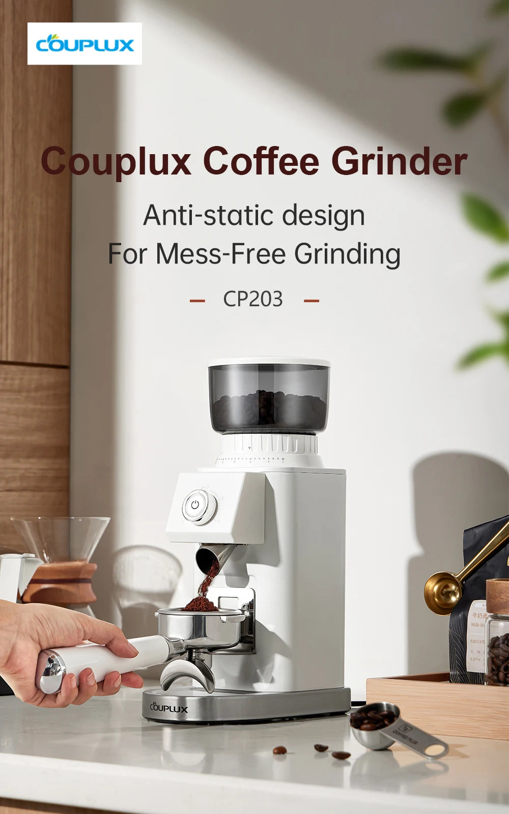 Couplux Coffee Grinder, Coffee Bean Grinder for Home Use with Precise Grinding, Detachable Funnel Stand, Anti-static Design, 24