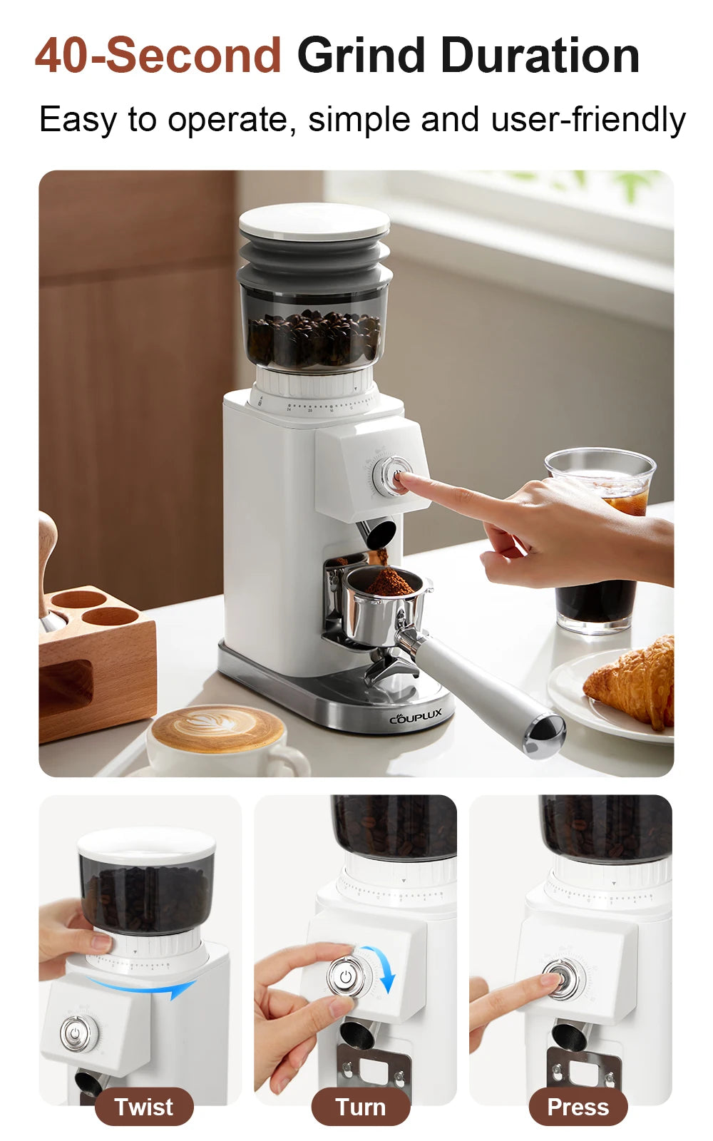 Couplux Coffee Grinder, Coffee Bean Grinder for Home Use with Precise Grinding, Detachable Funnel Stand, Anti-static Design, 24