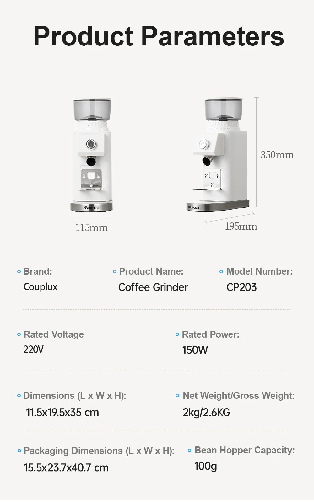 Couplux Coffee Grinder, Coffee Bean Grinder for Home Use with Precise Grinding, Detachable Funnel Stand, Anti-static Design, 24