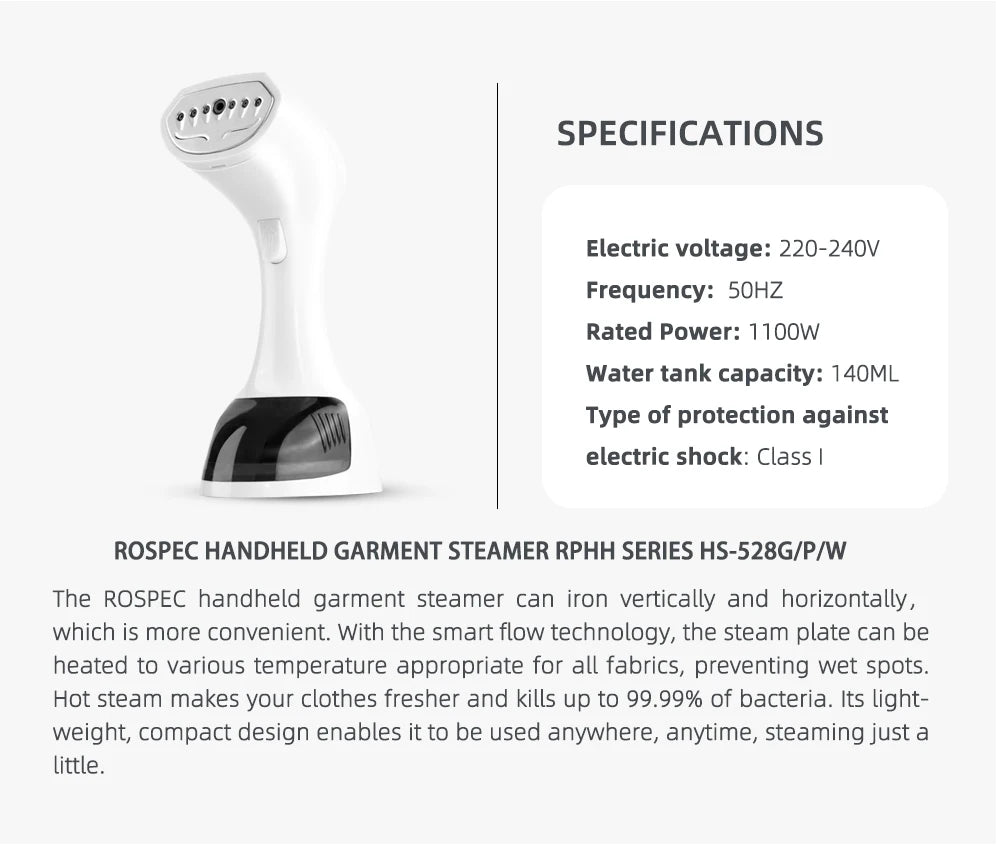 ROSPEC 1100W Household Electric Handheld Cloth Steamer Portable Steam Hanging Ironing Machine Ironing Clothes Generator